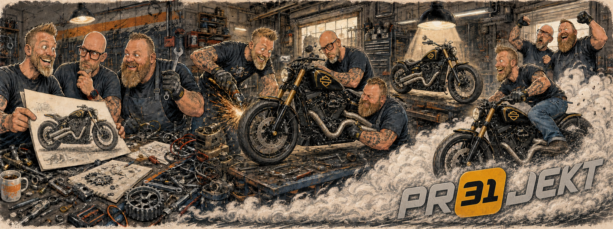 Projekt31 Team beim Bau des Motorrads als Comic